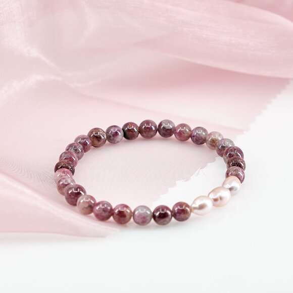 Pink Tourmaline & Edison Pearl Bracelet, Dainty Stackable Stretch Bracelet - Picture 9 of 11